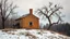 Placeholder: a lonely old adobe hut with worn adobe brown-gray wall and a small window, a crumbling roof, an old chimney stands on a hill, next to it is a small woodshed by the wall, and an old withered tree leans over the hut on thr old tree sitting a black crow, the hut stands on the edge of a European forest, winter, snowy landscape, low light, dawn, snow, high detailed, sharp focus, high realistic, perfect photo