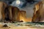 Placeholder: Night, rocks, cliffs, sci-fi, distant mountains, sea, waves, sand, seashore, epic, fantasy, john singer sargent watercolor paintings