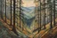 Placeholder: Aerial view painting of an expansive haunted giant redwood forest landscape, pierced by shafts of soft sunlight at dawn , in the Expressionist style of Egon Schiele, Oskar Kokoschka, and Franz Marc, in muted natural colors,