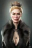 Placeholder: Cersei Lannister as evil queen in black leather and fur, busty, cleavage, curvy, lena headay, angry, stern look. character design by cory loftis, fenghua zhong, ryohei hase, ismail inceoglu and ruan jia. unreal engine 5, artistic lighting, highly detailed, photorealistic, fantasy