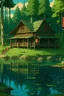 Placeholder: um casebre na floresta, perto de um lago, ghibli style