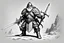 Placeholder: (black and white traditional pencil sketch digital drawing on paper by Ray Harryhausen) the senior AD&D dwarf ranger character class. Weapon: broad sword and long dagger, armour: preference for medium, powers: track, hide in wild, convince