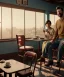 Placeholder: Realistic scene, American shot view, levitating man and woman sitting in cafeteria and having breakfast, 0 gravity, Wes Anderson, soft color, highly detailed, unreal engine 5, ray tracing, RTX, lumen lighting, ultra detail, volumetric lighting, 3d, finely drawn, high definition, high resolution.