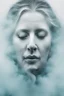 Placeholder: a woman's face from very thick white smoke and fog in the shape of barely visible, ghost-like face lot of white hair, many fog in background, surreal style