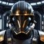 Placeholder: star wars bald male corellian pilot wearing pearlescent black and gunmetal grey First Order special forces heavy assault armor and helmet with gold trim inside the jedi temple, centered portrait, hyperdetailed, dynamic lighting, hyperdetailed background, 8k resolution, volumetric lighting, light skin, fully symmetric details