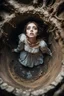 Placeholder: Closeup Girl siren with big eyes, fullbody, ragged clothes, extended like roots, the perspective looking up from the bottom of an empty well ,8k,macro photography,