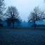 Placeholder: A photo of an instability with a glossy finish. There are trees in the middle ground. In the background, there are grey and blue structures. The atmosphere is eerie. The aspect ratio of the photo is 85:128, and the exposure value is 8.