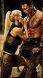 Placeholder: Jason david frank muscular male with short dark hair and tribal tattoos whispering in young blond woman's ear. light fantasy