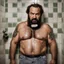 Placeholder: two ugly angry muscular chubby arab 40 years old similar to bud spencer, very detailed, full figure shot, very realistic photography, dim light, view from below, tiled restroom, tattoo, masculine bearded, white substance dripping from beard, with glue stuck to and dripping from beard,, , mature barely burly bearded muscled and robust