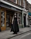 Placeholder: full-length, young woman dressed like a modern-day witch, floaty clothing, with dark hair, outside a shop