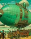 Placeholder: A mint colored airship with fans painted by Paul Gauguin