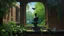 Placeholder: This surrealist painting depicts an old brick wall with a window through which a classical statue can be seen. The statue, a female torso, stands in a garden with a lake in the background. The window is barred, and ivy climbs up the sides of the brick wall. In the foreground, a black crow perches on the windowsill. The lighting is soft and diffuse, creating a dreamlike atmosphere.