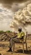 Placeholder: Sudanese man sitting on a chair , overseeing vast destruction and smoke