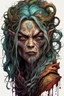 Placeholder: highly detailed full color, concept illustration of an ancient, haggard, world weary, female druid anti heroine character , maximalist, sharp focus, highest resolution, in the styles of Alex Pardee, Denis Forkas , and Masahiro Ito, boldly inked, 8k, coarse, gritty textures