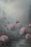 Placeholder: dry pastel, botanical fantasy, unrealistically beautiful fairy-tale landscape, pink-gray rose bush strewn with flowers, ultra-detailed, morning, rain, drops, greenery, magically, clear lines, haze, fog, many details, delicate sensuality, realistic, work of art, super-detail, filigree, foggy haze background, low contrast, surrealism, transparent, delicate pastel tones, backlighting, fantastic, unreal, translucent, glowing, epic fabulous