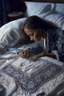 Placeholder: Hand sewn and embroidered Alicia Vikander, threads, sewing needles on a table on lace blanket in a luxury bedroom