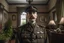 Placeholder: ww1 cop close-up standing up looking to the camera, ww1 mansion living room background