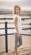 Placeholder: anorexic beautiful 19 year old woman, total shot, grey capri leggins, triathlon top, short blonde wavy bob hair, blurred beach background