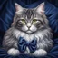 Placeholder: A Main Coon cat gray and white on a midnight blue velvet pillow and wearing a berry bow around her neck. Illustrative art, art interpretation, concept art, cgsociety contest winner, seasonal art, seasonal art HD, 4k, 8k, intricate, detailed, intricately detailed, luminous, translucent fantasy crystal, holographic data, soft body, shadow play, light, fog, atmospheric, cinematic, light film, hyper-detailed, hyper-realistic, masterpiece, atmospheric, high resolution, 8k, HDR, 500px, mysterious and