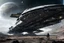 Placeholder: in space , wide angle Sci fi huge starship steel and black striped ,futuristic epic scifi, spaceship massive sulaco line's arrival / departures terminus, soldiers, LV-426, Sci Fi, a huge weathering battered and chipped spaceship with large steel grey WM5 markings and a logo on both sides of the hull in digital art style, wide angle, balanced composition, hard surface, reflections, triadic color, symmetry, hyper detailed, octane render, orange render