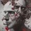 Placeholder: portrait of man with an exploding flower and butterflies inside his face, highly detailed black and white with red accents, digital painting.