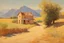 Placeholder: sunny day, mountains, trees, dirt road, countryside, nostalgy influence, adobe house, henry luyten and ludwig dettman impressionism paintings