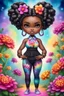 Placeholder: Create an airbrush image of a chibi black curvy female wearing a tie dye yoga outfit. Prominent make up with hazel eyes. Highly detail ombre Bantu knots. background of colorful large flowers 2k