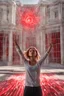 Placeholder: Photorealistic young woman standing, with arms raised, in front of a building at midday, with red auras around her