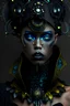 Placeholder: beautiful faced young vantablack biomechanical decadedent woman portrait aorned with liquid silver mercury bioluminescence yellow onix, opal mineral stone textured biomechanical black leather filigree hat headdress wearing goth punk mercury and black steel colour gradient goth black opal chain lace ribbed leather jacket embossed amalgamation florals,opal, obsidian stone pearls ornated hedress organic bio spinal ribbed detail of biomechanical backround extremely dezailed hyperrealistic portrait