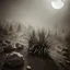 Placeholder: A striking quality Kodak photograph captures a wasteland with a group of plants, creepy, details of the dust very accentuated, glossy organic mass, adorned with minerals and rocks. Bathed in intense light, eerie, Max Ernst style, black sun, fog