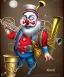 Placeholder: mechanoid happy old friendly fat clown with trimmed beard playing jazz with a steampunk theme, trumpet, realistic