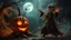 Placeholder: A powerful druid stands triumphantly, their long, wispy beard and hair blown back, amidst a swirling aura of autumnal magic, as they dramatically cast a spell to destroy a looming jack-o-lantern, its candlelit eyes glowing bright orange, with vines and tendrils eerily wrapped around its grotesquely carved face, surrounded by a scattering of fallen leaves and twisted roots, set against a dark, foreboding, and eerie Halloween night sky, with the moon hanging low, casting an ominous silver glow.