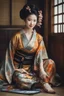 Placeholder: Ultra realistic photo beautiful geisha woman beauty ,one person young adult beautiful woman, sitting, clothing, women adult ,fashion dress, young women, beautiful people, indoors, full length hairstyle , ,smiling ,window looking ,sitting on floor contemplation ,floral pattern , futuristic style, HOF, captured with professional DSLR camera, 64k, ultra detailed,