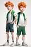 Placeholder: cartoon style, two teenage brothers, ginger hairs, one is slim, second chubby and lower, typical teenagers, white faces, green eyes, sport shoes, characteristic standing pose for book cover, white background