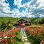 Placeholder: a luxury villa in beautiful Green hills covered with flowers colorfull ,blue sky heavy clouds with godray ,very nice flowers at closeup ,wonderfull mountains at distance,beautiful lady in modern pants and top walking to camera in front of villa