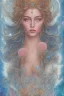 Placeholder: Create an image of a cosmic Goddess. The goddess should be depicted as a beautiful and powerful figure, surrounded by cosmic stars. Her hair should be long, blond and flowing, and she should be dressed in a flowing gown blue celestial robe. In the background, include imagery of pink flowers, blue sky,trees. The image should evoke a sense of joy, celebration, and spiritual connection to nature.