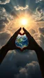Placeholder: Sun light above swirling clouds, emerges from the heart of a raging storm. Turbulent winds of steam swirl around the earth lit by shafts of sunlight that cast dramatic shadows on the A beautiful hands making a heart shape sign around it , High quality 16k cinematic scene and great photography