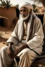 Placeholder: Old man, Arab, turban, white clothes, cattle, desert, council, sun, palm trees, mud houses, holding a stick, looking forward, a very slight smile.,Sitting on a chair,long beard