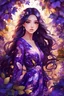 Placeholder: Beautiful anime girl with long dark shiny hair in glitter floral dress, big lovely hazel eyes, surrounded by purple vines and leaves, digital painting, vibrant colors