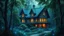Placeholder: mysterious retrofuturistic house, surrounded by lush green forest and blue fireflies, detailed luminescent magical realism painting 4 k realistic by and gustave courbet with ents and birds and birds by Denis Sarazhin and klimt wearing detailed retrofuturistic sci-fi RPG