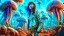 Placeholder: woman with black hair, in brown leather trousers and jacket, walking through Alien mushrooms with jellyfish tentacles in an alien forest, photorealistic, Deep Colour, Intricate Detail, sunshine, blue sky