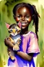 Placeholder: A cute smiling african girl is holding a kitten. Watercolour