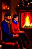 Placeholder: Fire place Christmas scene, dark haired couple, man with short black beard, blue eyes, young couple, graphic
