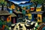 Placeholder: A black village in a shadow realm designed in Oaxacan Alebrijes painted by Frank Wilson