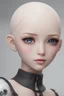 Placeholder: realistic portrait of an anime waifu doll, no hair, light eye color, and youthful looking silicone skin, small cranium