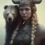 Placeholder: A viking girl and her bear, hr giger, scary, steam punk, realistic, made in octane, cinematic, ultra-realistic, extremely detailed octane rendering, 8K, VRAY Super Real ar 2:3, dof photorealistic futuristic 50mm lens hard lighting dark gray tintype photograph, realistic lighting, sepia color