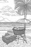 Placeholder: Outline art for coloring page, ONE LARGE SQUARE PICNIC BASKET WITH TWO HANDLES ON A BEACH TOWEL UNDER A TALL BEACH UMBRELLA, HAWAII BEACH, VOLCANO ISLANDS IN THE DISTANCE, coloring page, white background, Sketch style, only use outline, clean line art, white background, no shadows, no shading, no color, clear