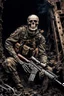 Placeholder: a scary looking skeleton, rising from the ashes, he was a war veteran, partially humanlike characteristics, army beret and ripped ammo wear, chaotic background, dramatic close-up action shot of him on a burned out war tanker a torpedo on shoulder -ready to fire ,gothic and chaotic background, 12k