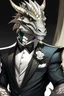 Placeholder: A silver Dragonborn from dnd wearing a tuxedo