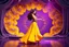 Placeholder: modern stage with gray-dark yellow blueish violet theme artistic decoration , color full dynamic lighting, a beautiful lady in maxi dress with shining silver jewels ,curvy long hair,dancing, 3D recursive fractal structure animating background